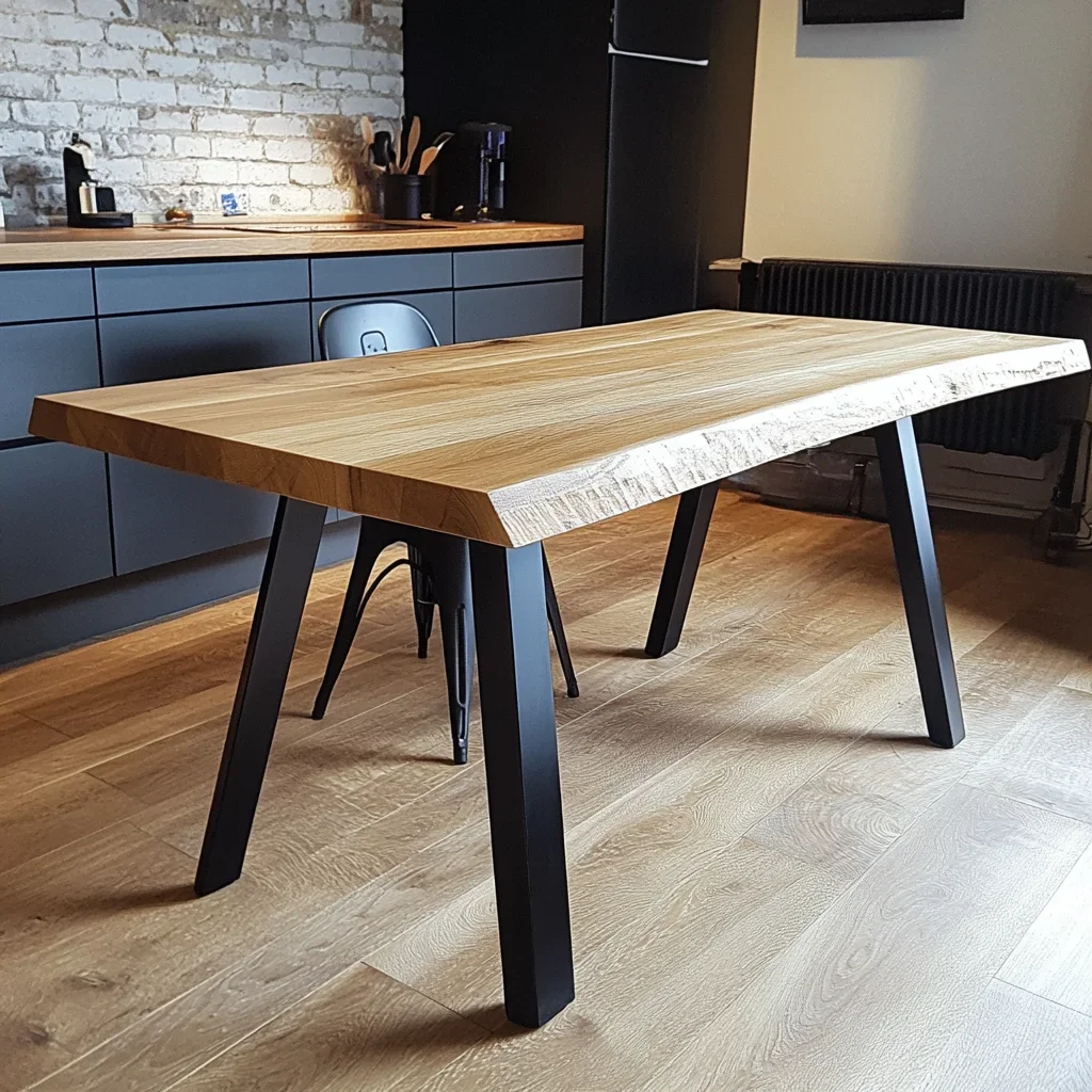 Nowoczesny Stół Dębowy z Cięciem na Krawędzi – Blat 240x90 cm - Wysokość 78 cm - Grubość 4 cm - 4 Stalowe Nogi