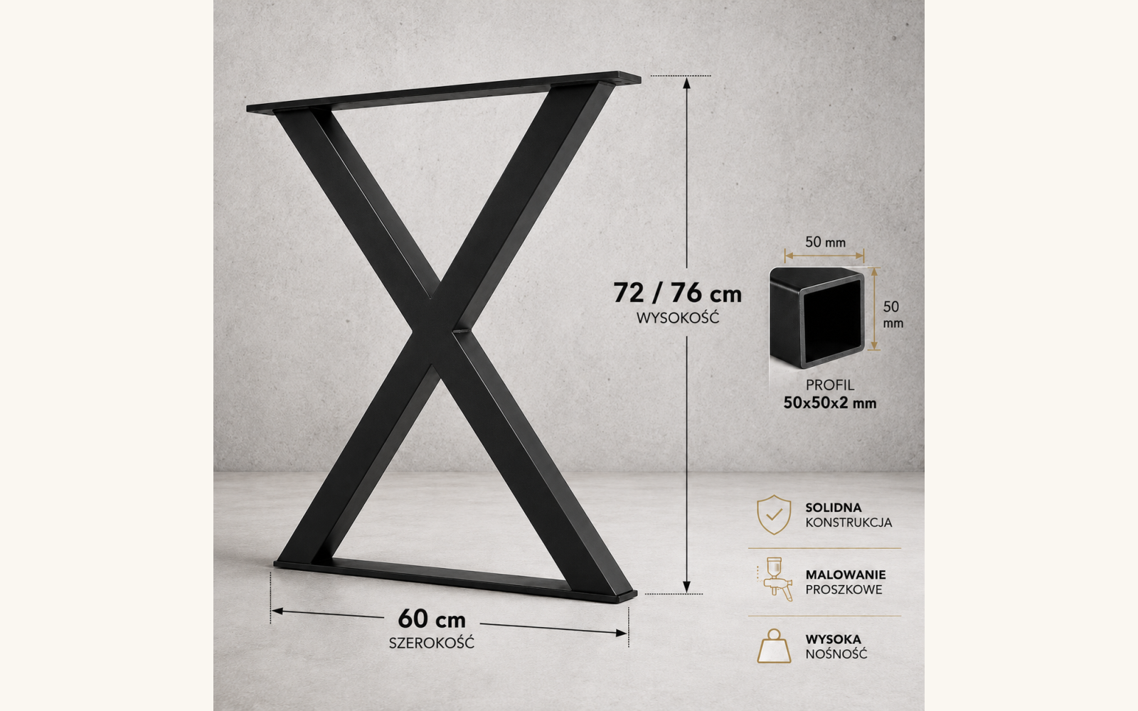 Noga do stołu typu X 600 × 750 mm z profilu 50×50 mm – model 00-01 - zdjecie produktu