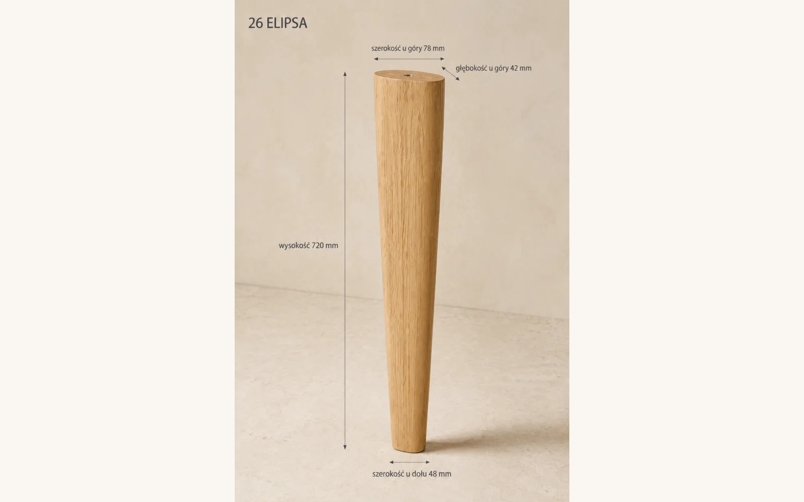 Nogi dębowe do stołu ELIPSA 720 mm – komplet 4 szt. z mocowaniami