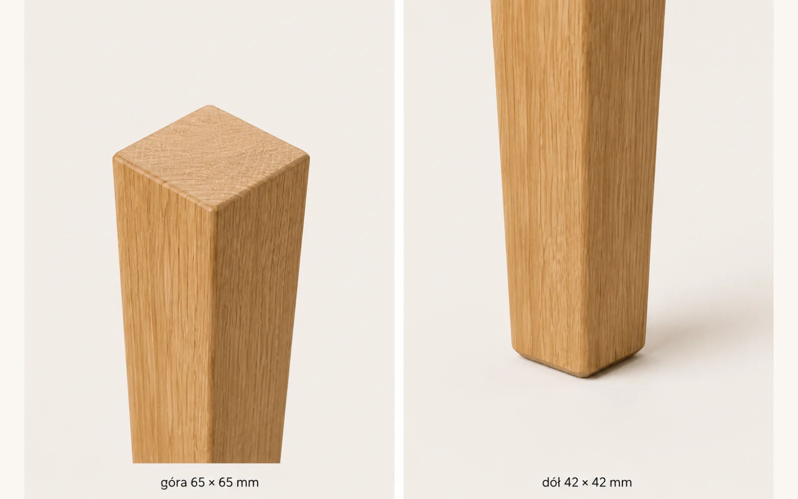 Detale przekroju nogi ZWĘŻANA — góra 65×65 mm i dół 42×42 mm.