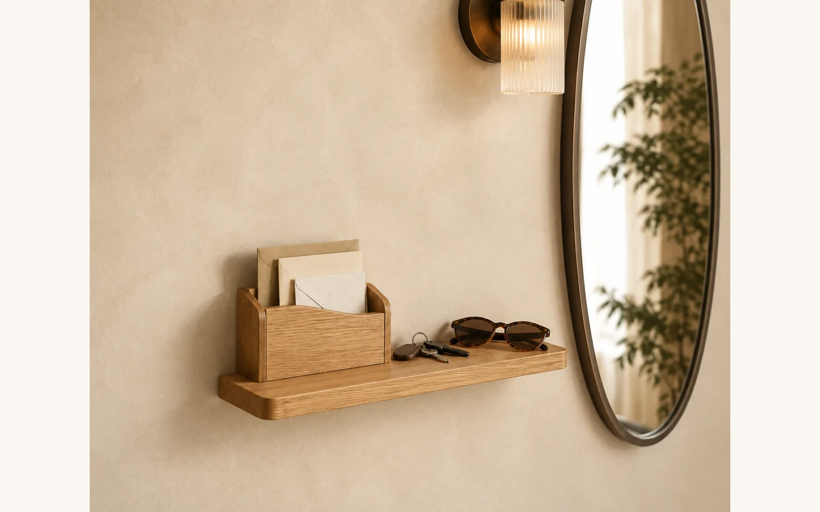 Dębowa półka na listy i klucze POCKET — głębokość 12 cm × 3 cm - zdjecie produktu