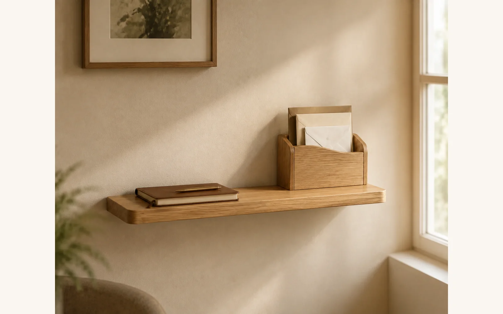 Dębowa półka na listy i klucze POCKET — głębokość 12 cm × 3 cm - zdjecie produktu