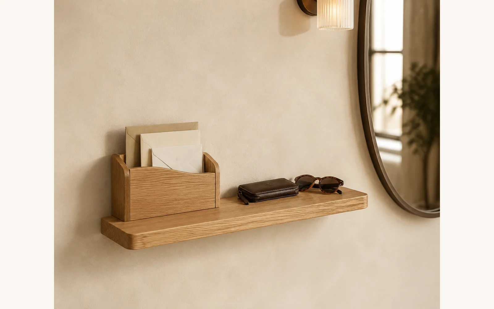 Dębowa półka na listy i klucze POCKET — głębokość 15 cm × 3 cm