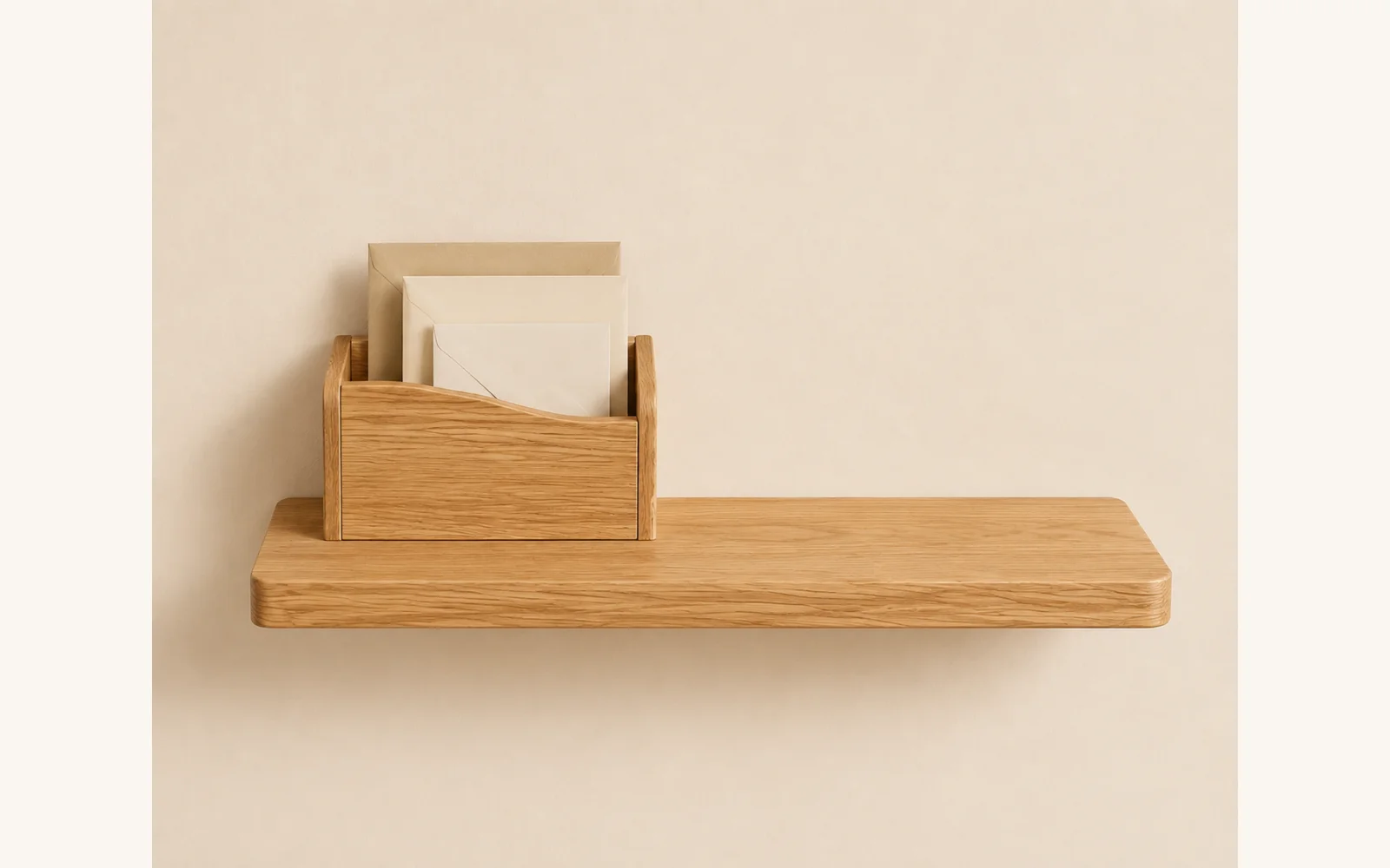 Dębowa półka na listy i klucze POCKET — głębokość 15 cm × 3 cm - zdjecie produktu