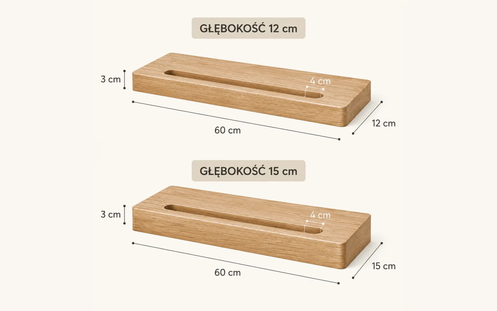 Dębowa półka łazienkowa z uchwytem na ręcznik — głębokość 12 cm × 3 cm - zdjecie produktu