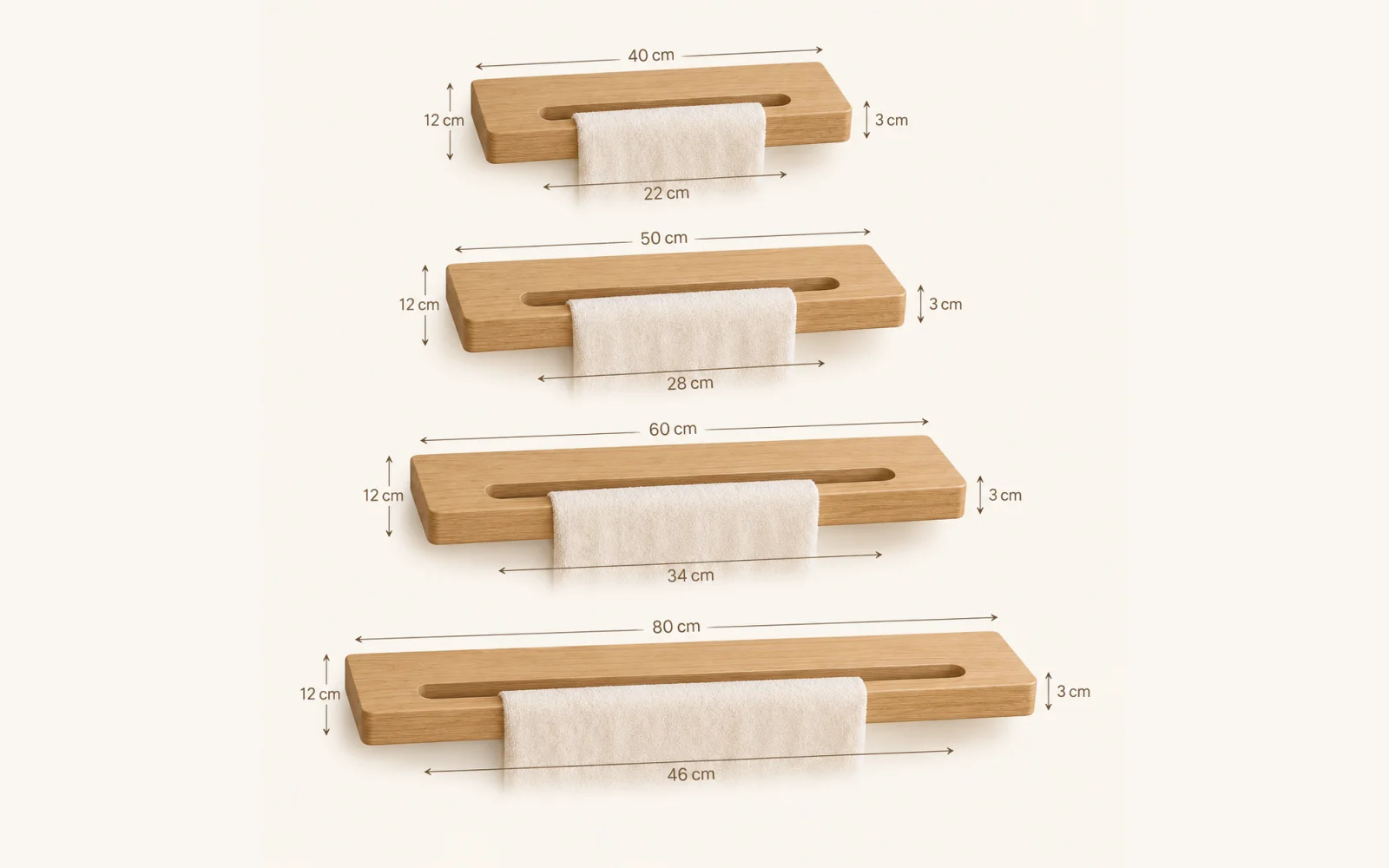 Dębowa półka łazienkowa z uchwytem na ręcznik — głębokość 15 cm × 3 cm - zdjecie produktu