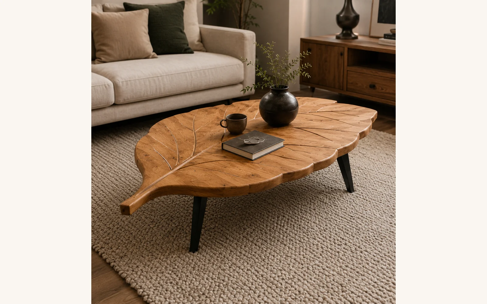 Stolik dębowy drewniany w kształcie liścia LEAF 01 – 120 × 75 × 40 cm