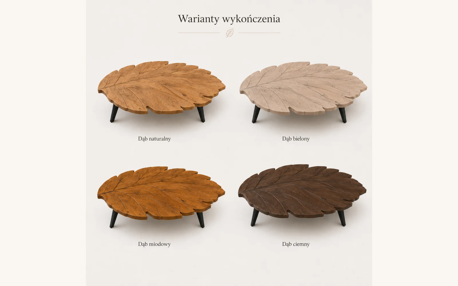 Stolik LEAF 01 – warianty kolorystyczne dębu: naturalny, bielony, miodowy, ciemny