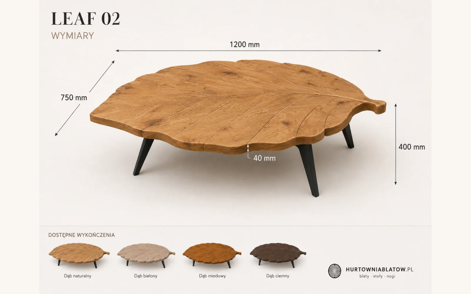 Stolik LEAF 02 – wymiary 120 × 75 × 40 cm i warianty kolorystyczne