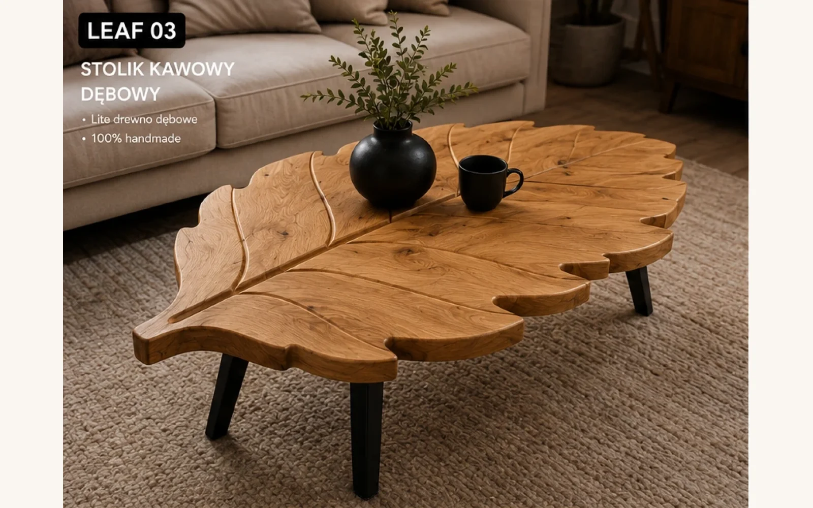Stolik dębowy drewniany w kształcie liścia LEAF 03 – 120 × 68 × 40 cm